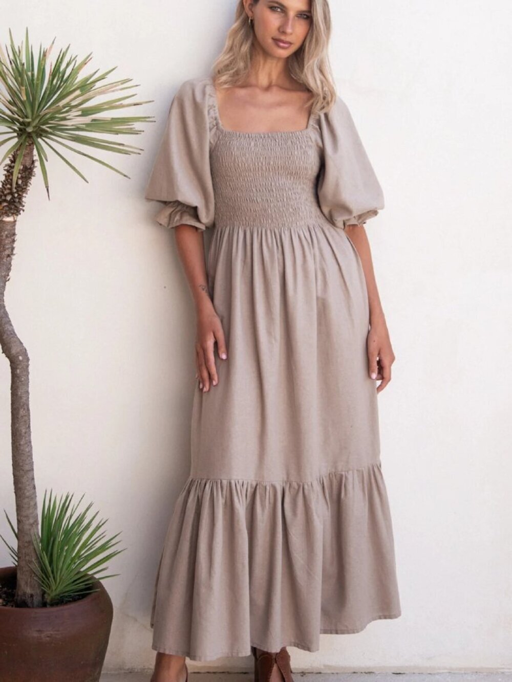 BALILN Women’s Almeria Smocked Midi Linen Dress Beige Square-Neck Size XXXL